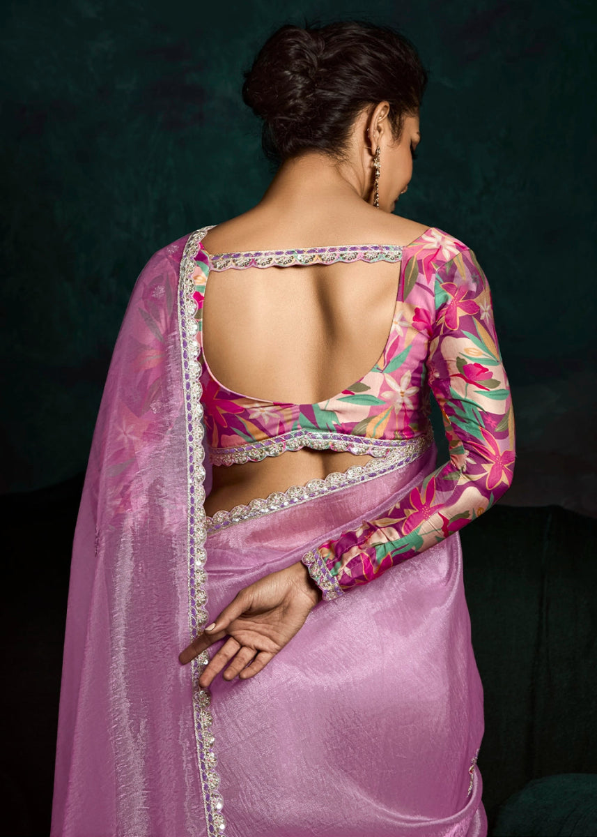 Neon Pink Tissue Saree with Dhaga,Thread & Sequin Embellishments - House of Sarvati LLC