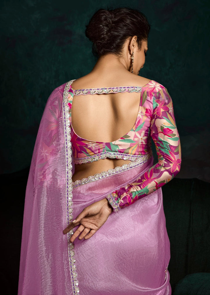 Neon Pink Tissue Saree with Dhaga,Thread & Sequin Embellishments - House of Sarvati LLC