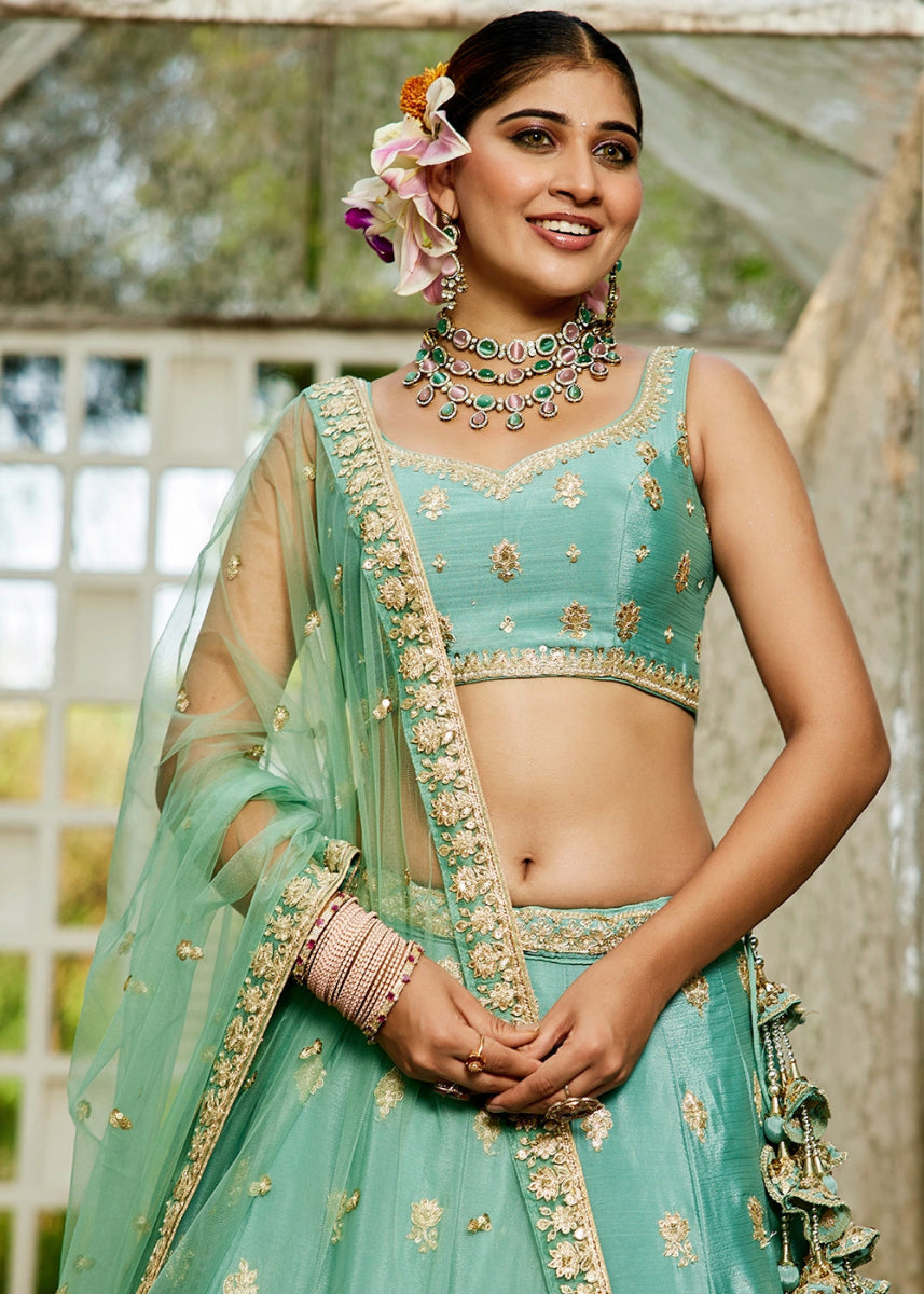 Neon Seafoam Green Lehenga Choli with Floral Sequin Detailing on Chiffon Silk - House of Sarvati LLC