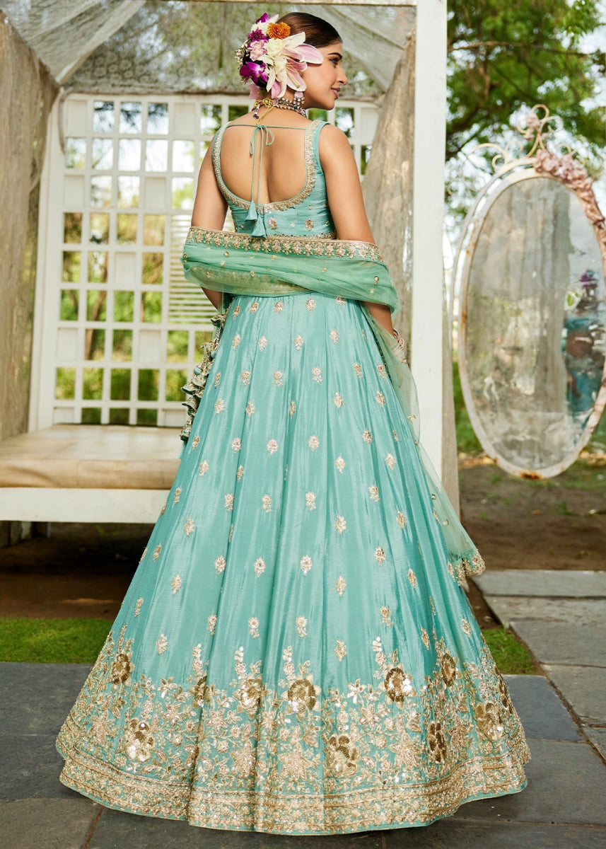 Neon Seafoam Green Lehenga Choli with Floral Sequin Detailing on Chiffon Silk - House of Sarvati LLC