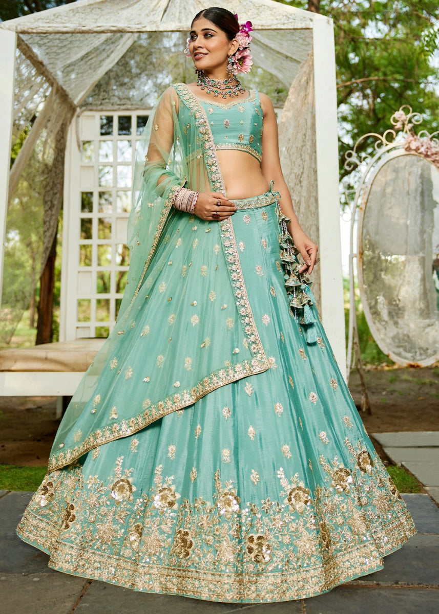 Neon Seafoam Green Lehenga Choli with Floral Sequin Detailing on Chiffon Silk - House of Sarvati LLC