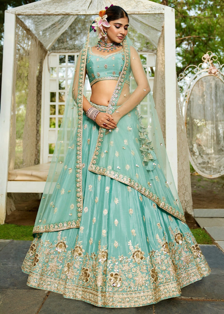 Neon Seafoam Green Lehenga Choli with Floral Sequin Detailing on Chiffon Silk - House of Sarvati LLC