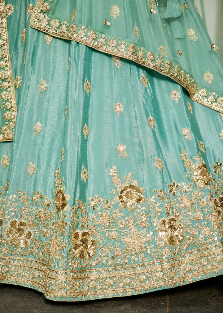 Neon Seafoam Green Lehenga Choli with Floral Sequin Detailing on Chiffon Silk - House of Sarvati LLC