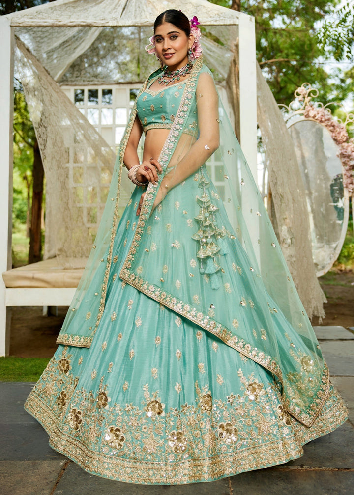 Neon Seafoam Green Lehenga Choli with Floral Sequin Detailing on Chiffon Silk - House of Sarvati LLC