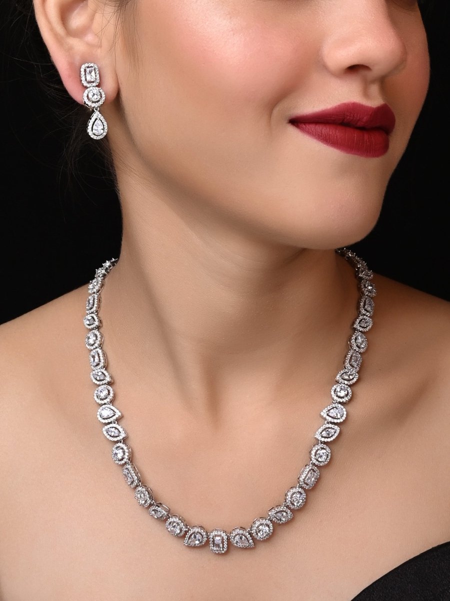 Neya Silver Plated With American Diamond Necklace Set - House of Sarvati LLC
