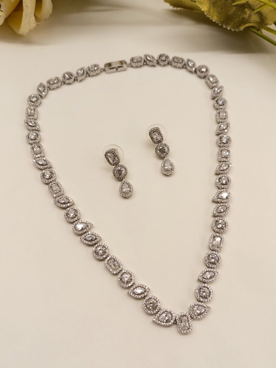 Neya Silver Plated With American Diamond Necklace Set - House of Sarvati LLC