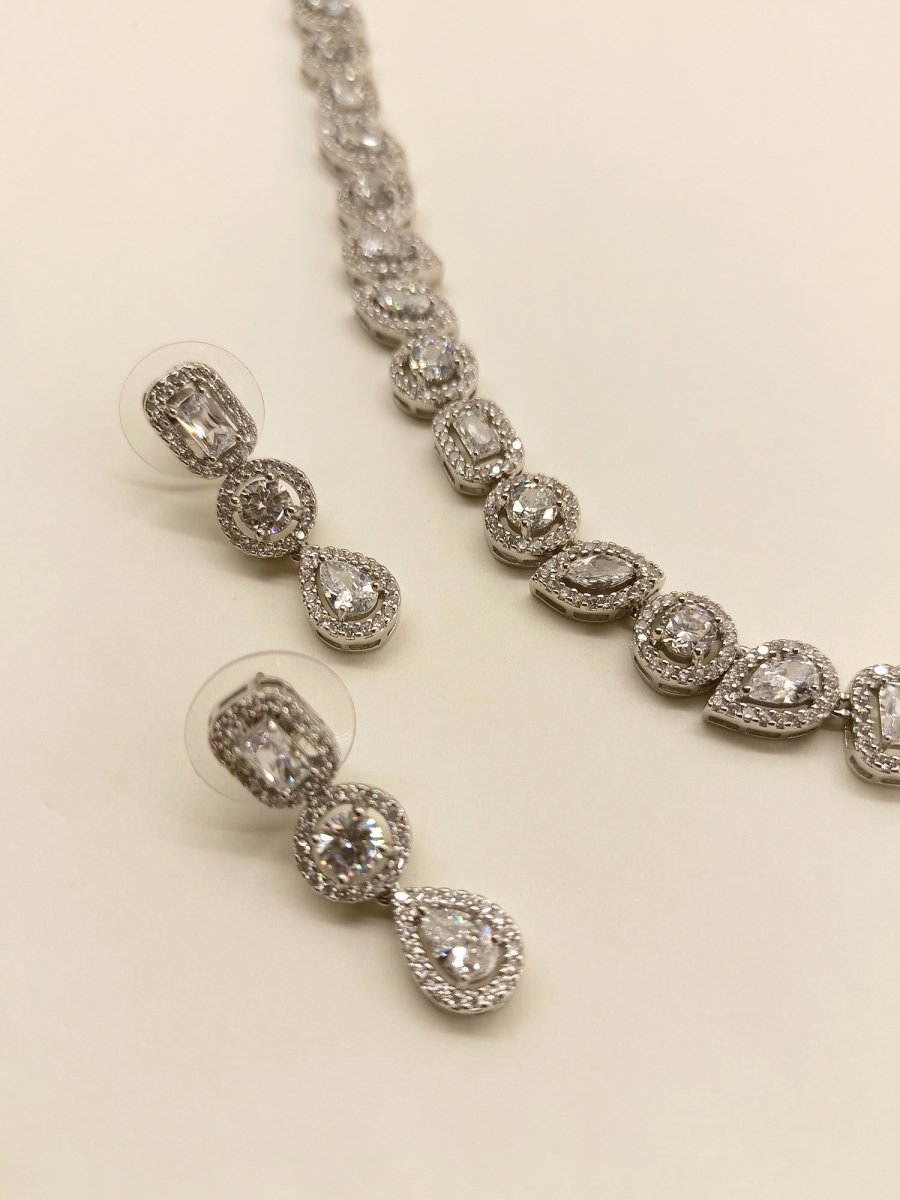Neya Silver Plated With American Diamond Necklace Set - House of Sarvati LLC