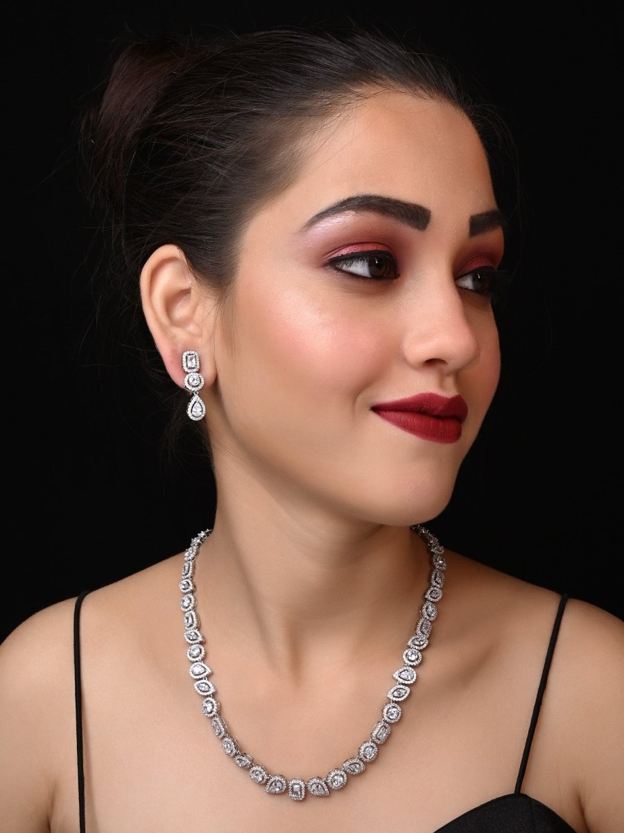 Neya Silver Plated With American Diamond Necklace Set - House of Sarvati LLC
