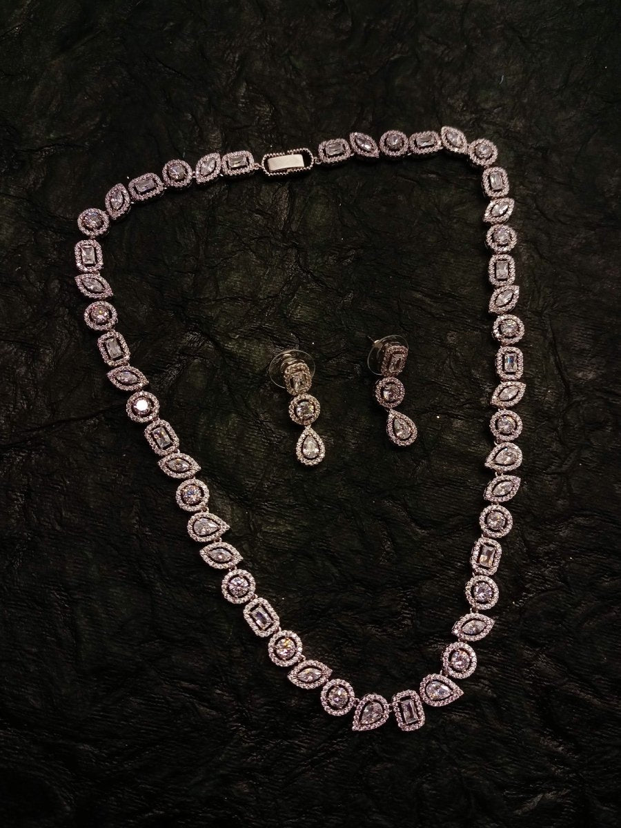 Neya Silver Plated With American Diamond Necklace Set - House of Sarvati LLC