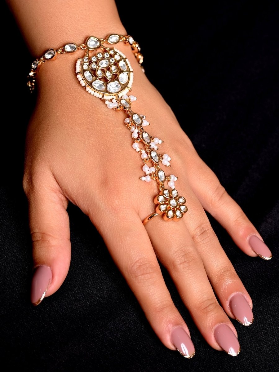 Nilakshi White Gold Plated Kundan Hathphool [Price Is For Single Piece} - House of Sarvati LLC