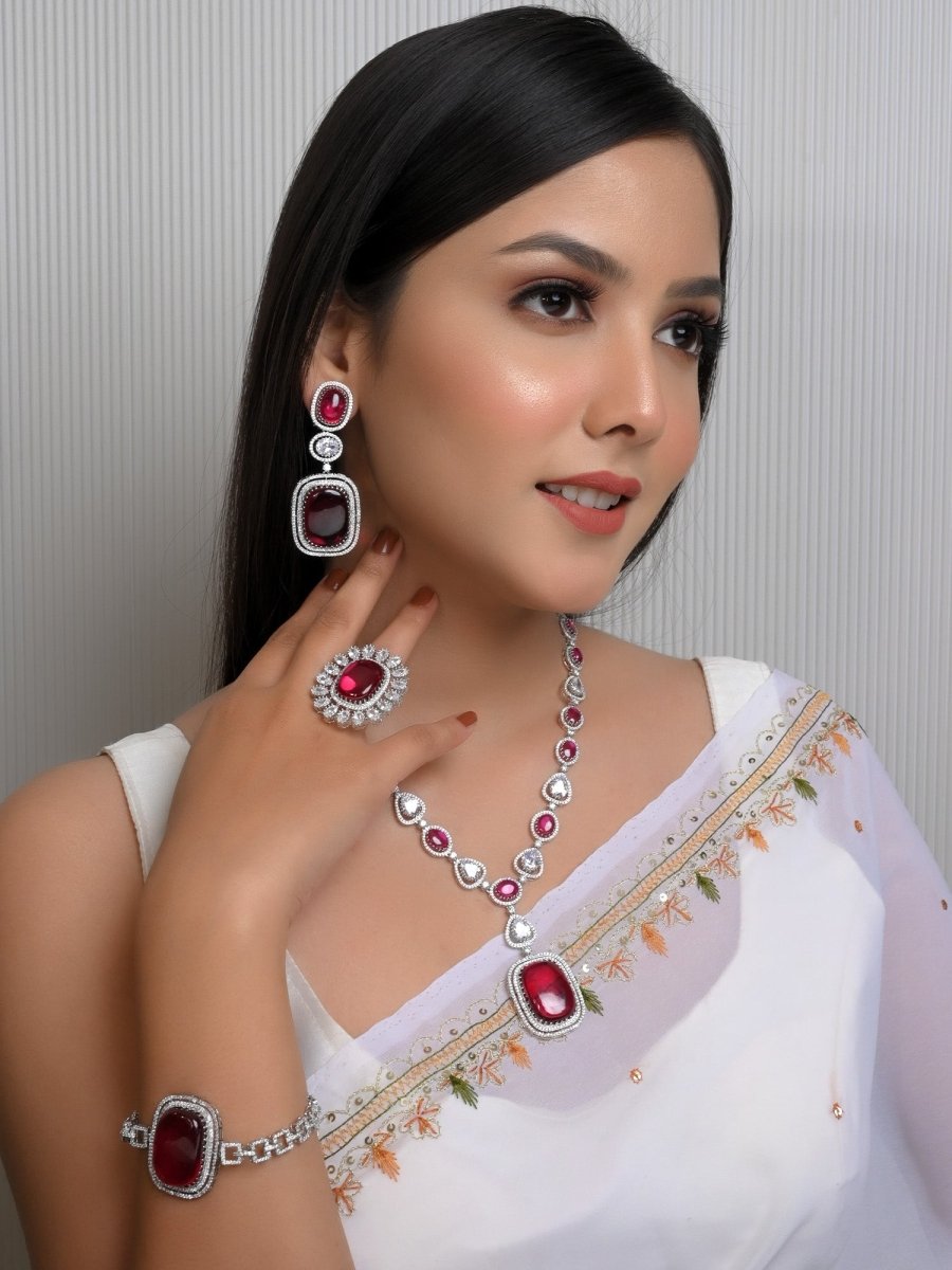 Nilima Ruby American Diamond Necklace Set - House of Sarvati LLC