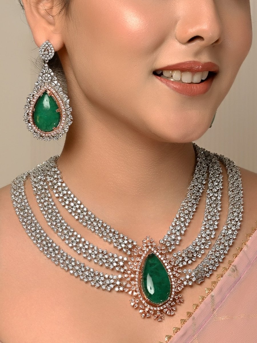 Nishika Green American Diamond Necklace Set - House of Sarvati LLC