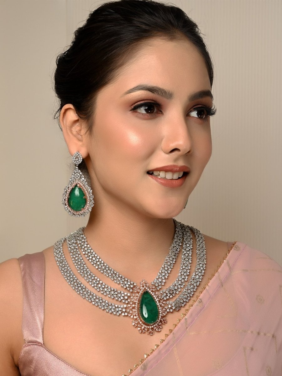 Nishika Green American Diamond Necklace Set - House of Sarvati LLC