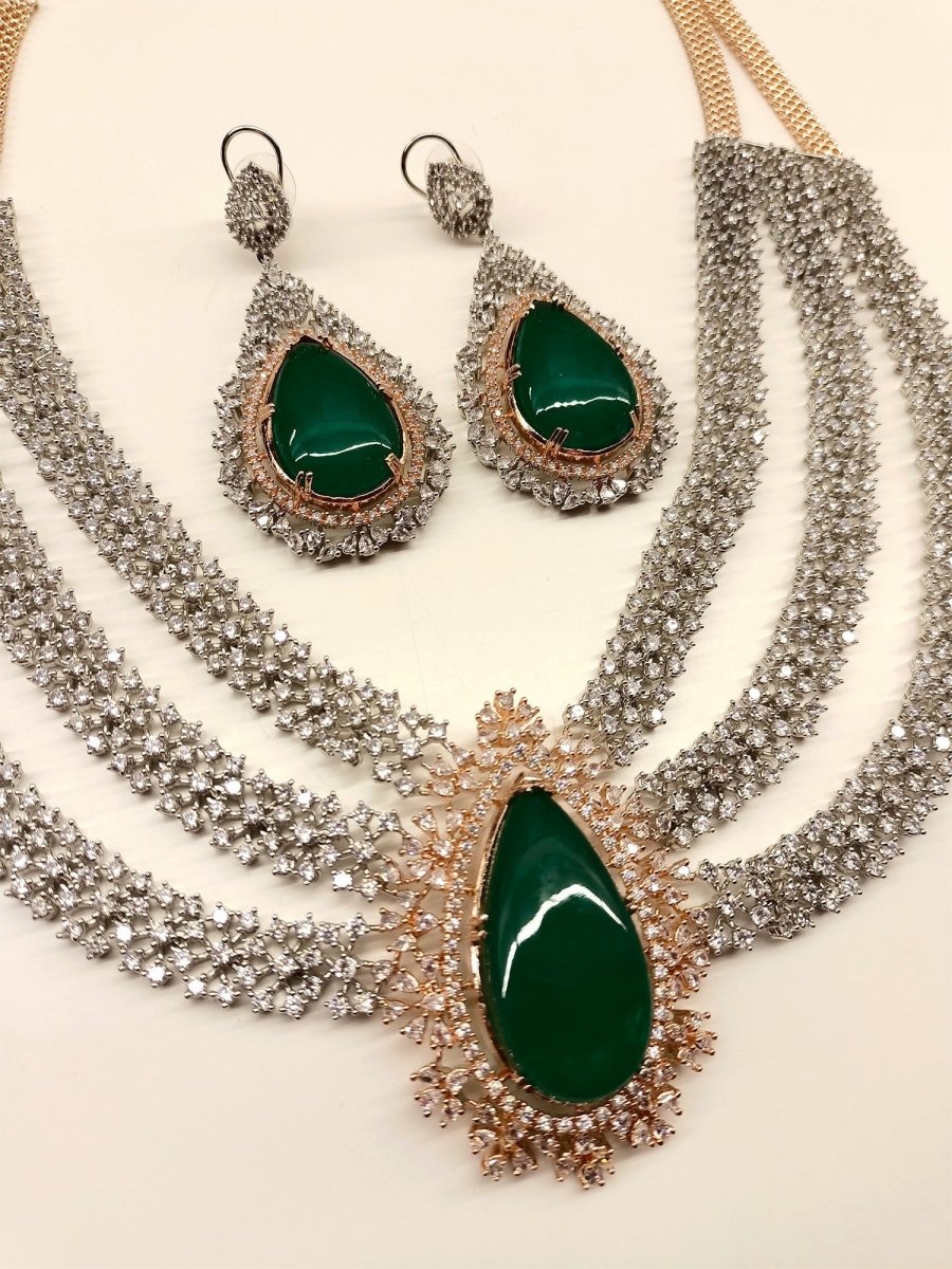 Nishika Green American Diamond Necklace Set - House of Sarvati LLC