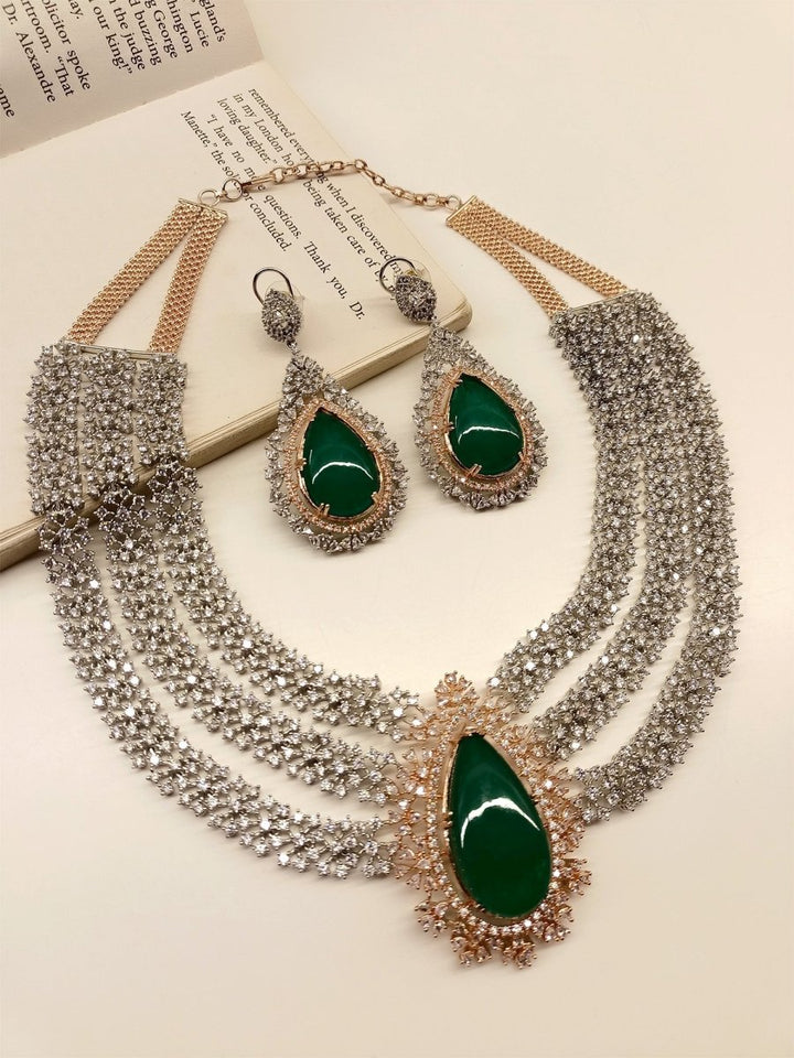 Nishika Green American Diamond Necklace Set - House of Sarvati LLC