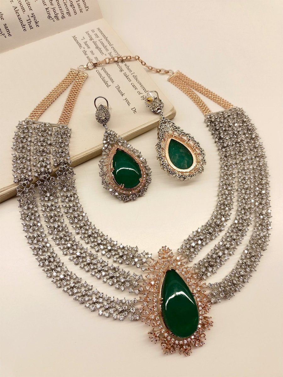 Nishika Green American Diamond Necklace Set - House of Sarvati LLC