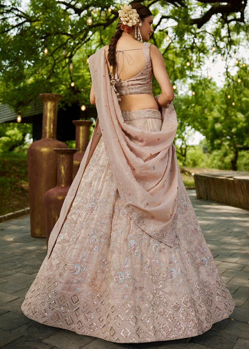 Nude Brown Tissue Lehenga Choli with Sequins and Floral Embroidery - House of Sarvati LLC