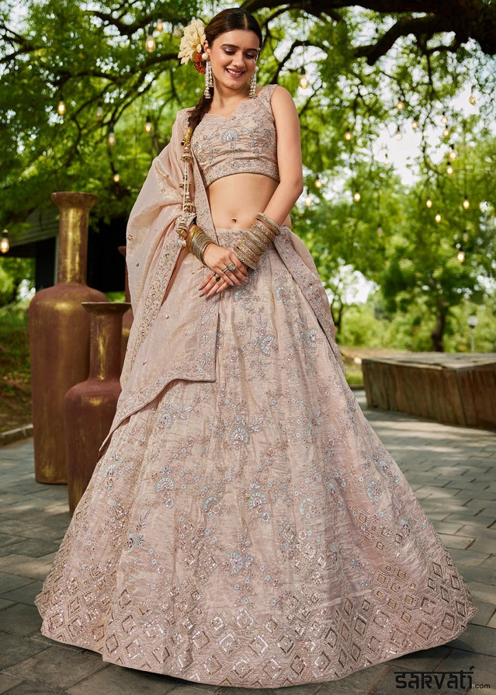 Nude Brown Tissue Lehenga Choli with Sequins and Floral Embroidery - House of Sarvati LLC
