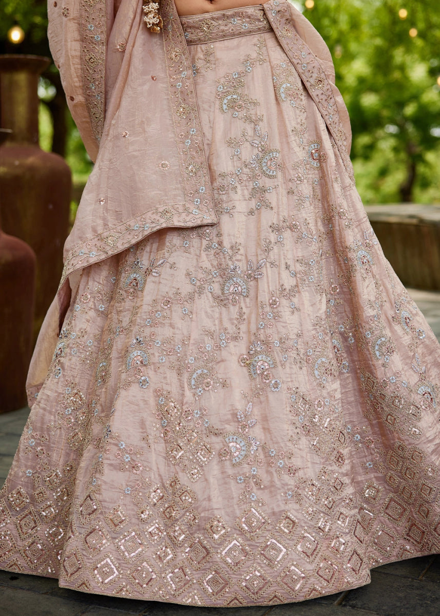 Nude Brown Tissue Lehenga Choli with Sequins and Floral Embroidery - House of Sarvati LLC