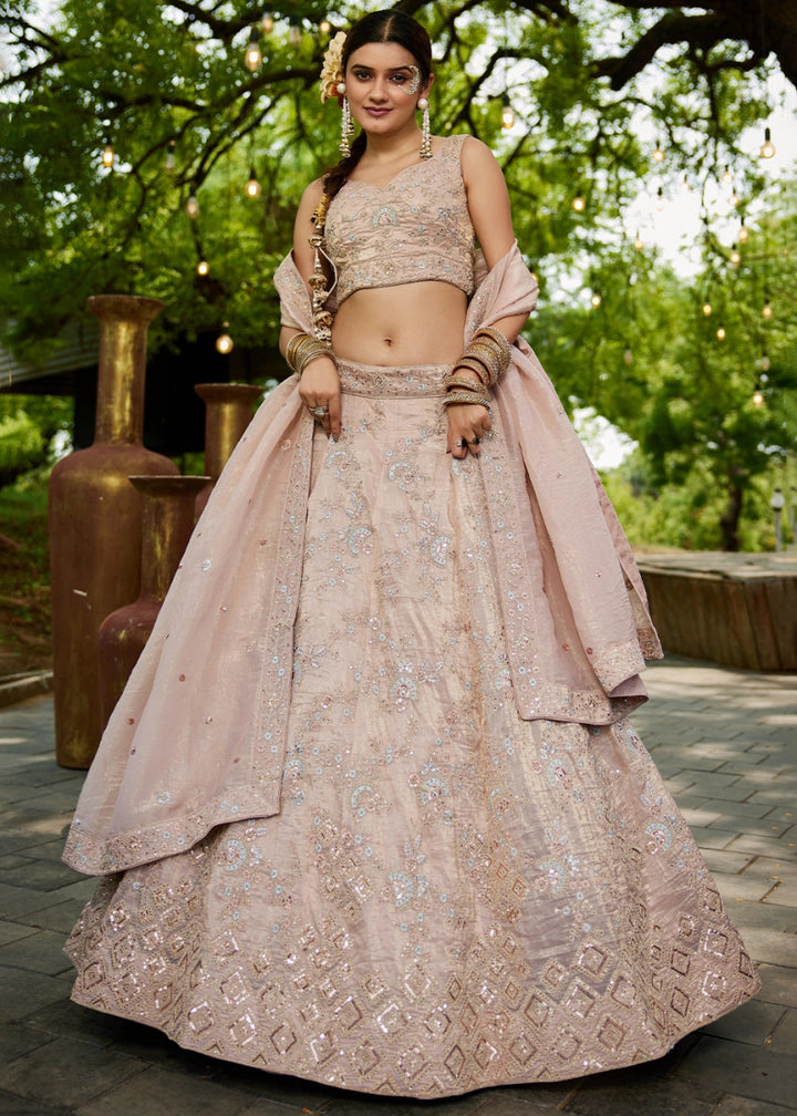 Nude Brown Tissue Lehenga Choli with Sequins and Floral Embroidery - House of Sarvati LLC