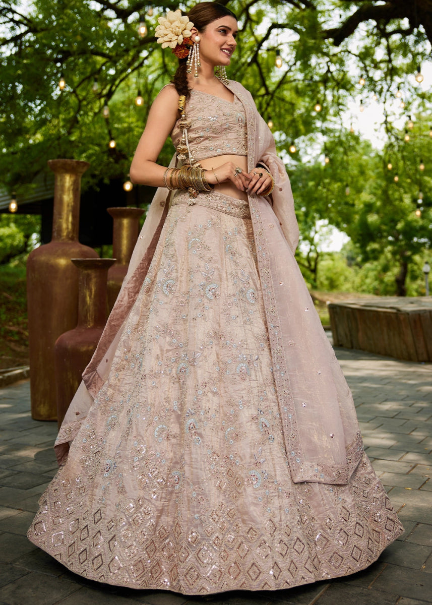 Nude Brown Tissue Lehenga Choli with Sequins and Floral Embroidery - House of Sarvati LLC