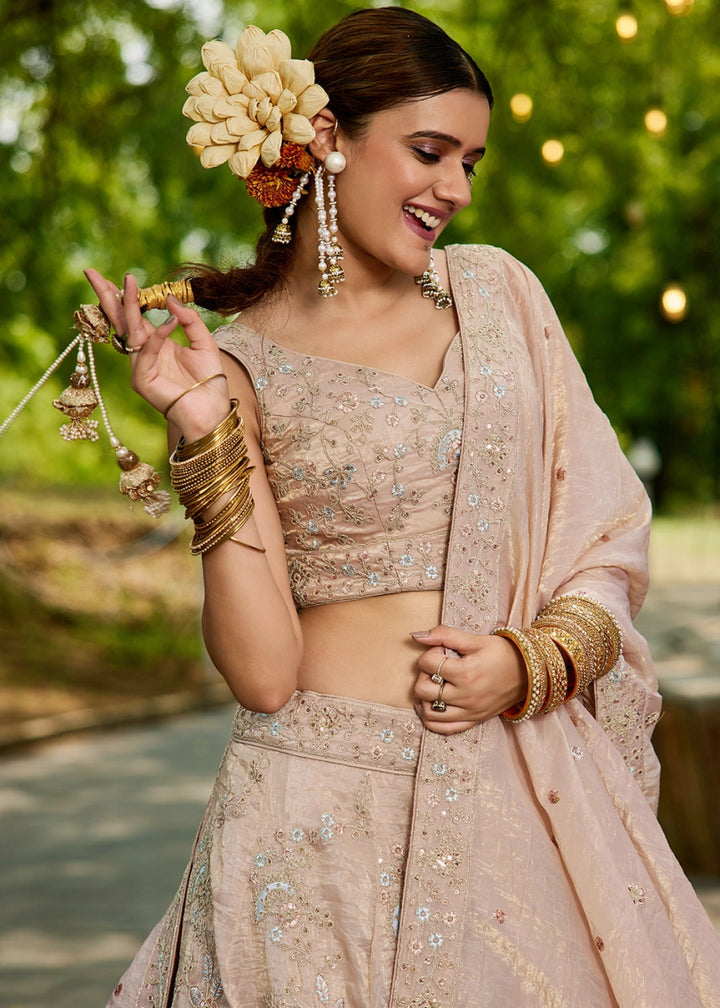 Nude Brown Tissue Lehenga Choli with Sequins and Floral Embroidery - House of Sarvati LLC