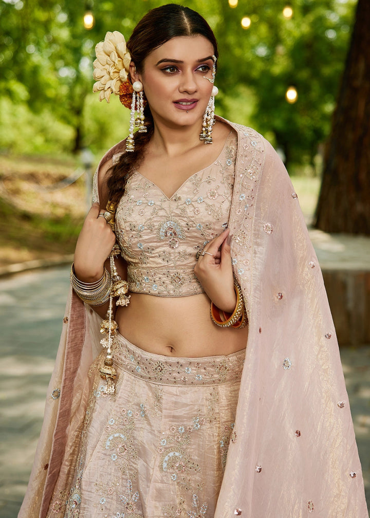 Nude Brown Tissue Lehenga Choli with Sequins and Floral Embroidery - House of Sarvati LLC