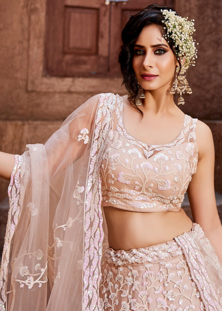 Nude Pink Net Lehenga Choli with Floral Sequin Detailing - House of Sarvati LLC