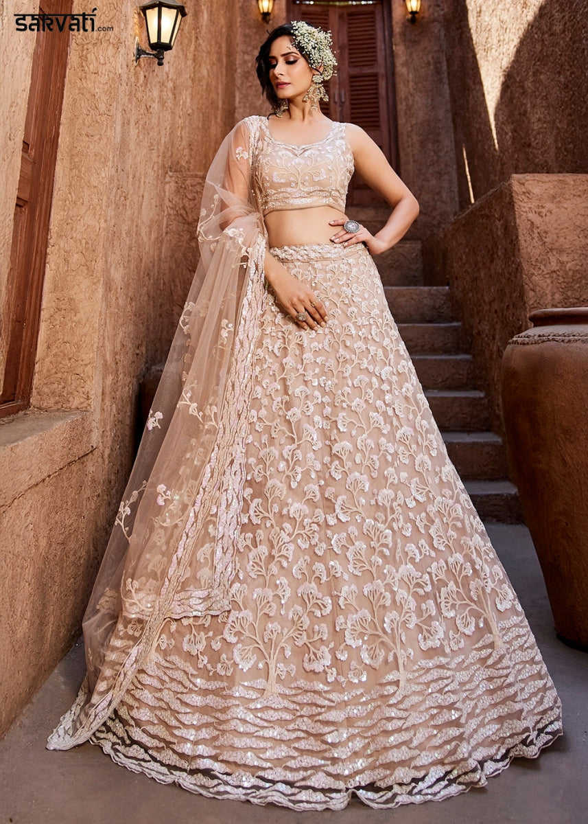 Nude Pink Net Lehenga Choli with Floral Sequin Detailing - House of Sarvati LLC