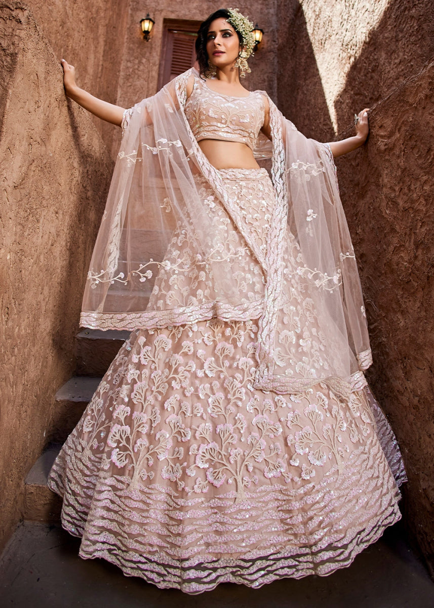 Nude Pink Net Lehenga Choli with Floral Sequin Detailing - House of Sarvati LLC