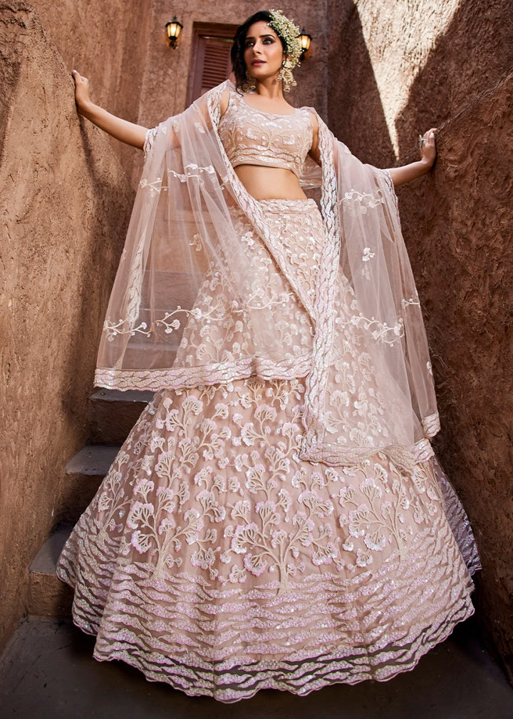 Nude Pink Net Lehenga Choli with Floral Sequin Detailing - House of Sarvati LLC