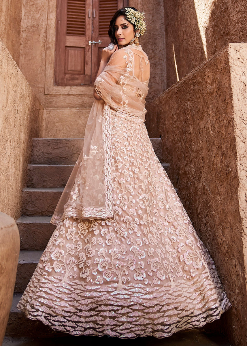 Nude Pink Net Lehenga Choli with Floral Sequin Detailing - House of Sarvati LLC