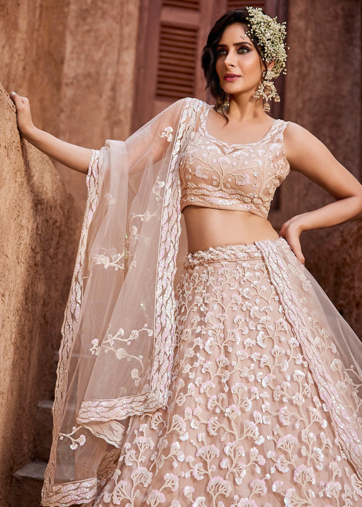 Nude Pink Net Lehenga Choli with Floral Sequin Detailing - House of Sarvati LLC