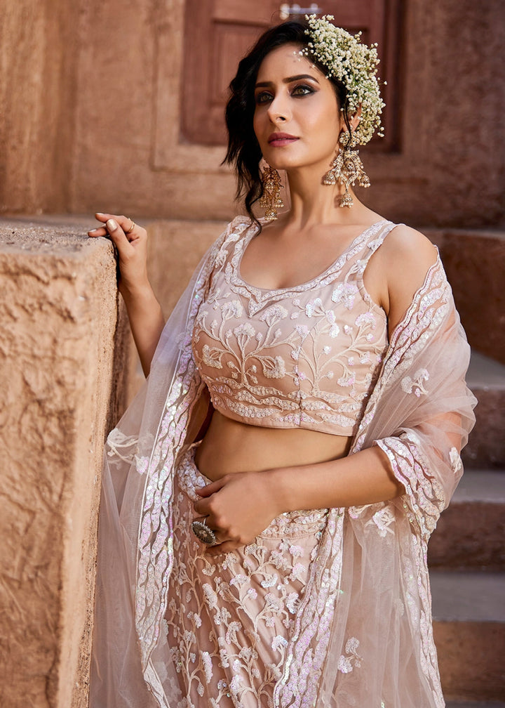 Nude Pink Net Lehenga Choli with Floral Sequin Detailing - House of Sarvati LLC