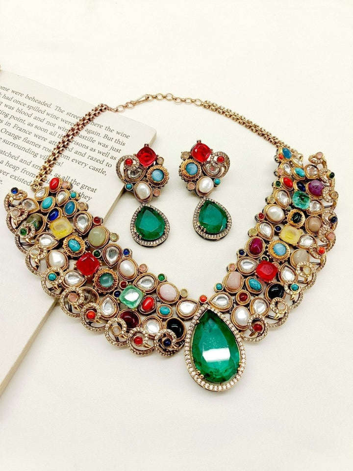 Nutan Navaratna Victorian Necklace Set - House of Sarvati LLC