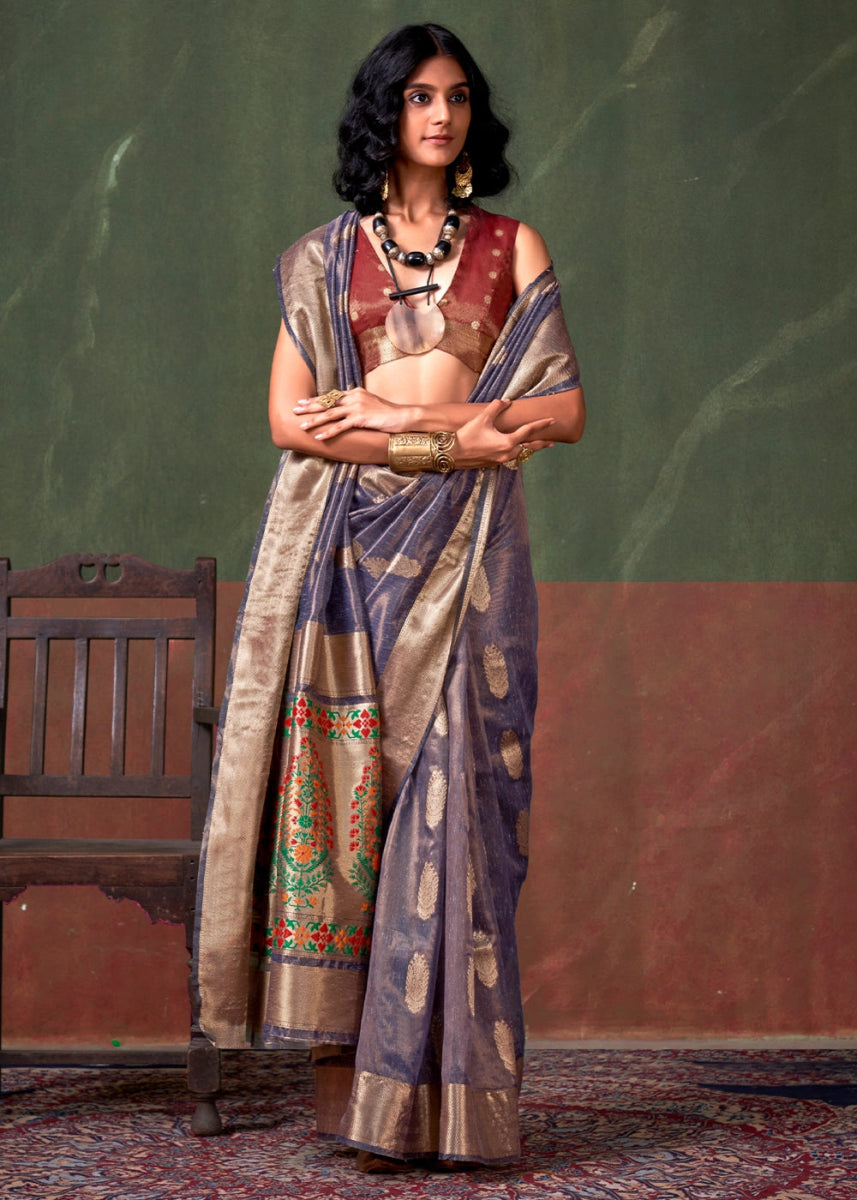 Ocean Blue Paithani Saree in Tissue Silk with Zari Work - House of Sarvati LLC