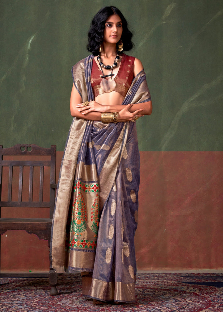 Ocean Blue Paithani Saree in Tissue Silk with Zari Work - House of Sarvati LLC