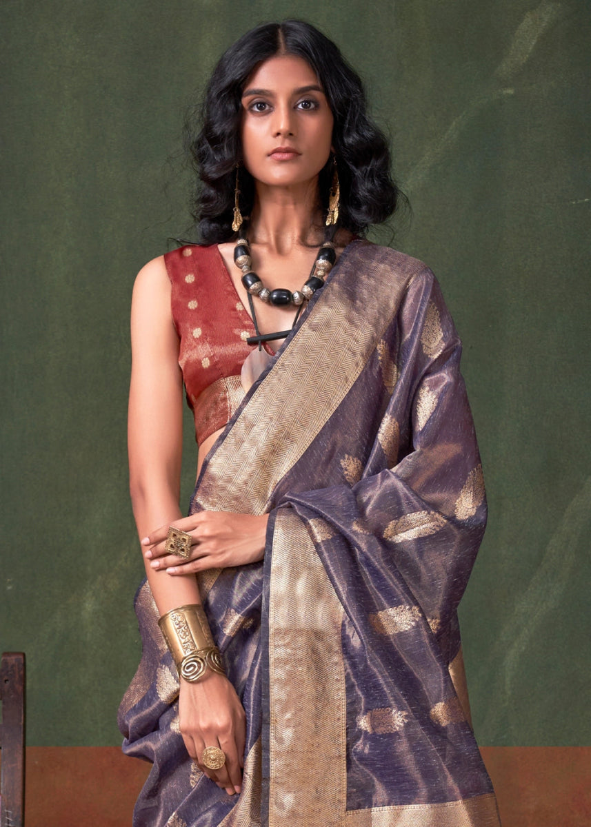 Ocean Blue Paithani Saree in Tissue Silk with Zari Work - House of Sarvati LLC
