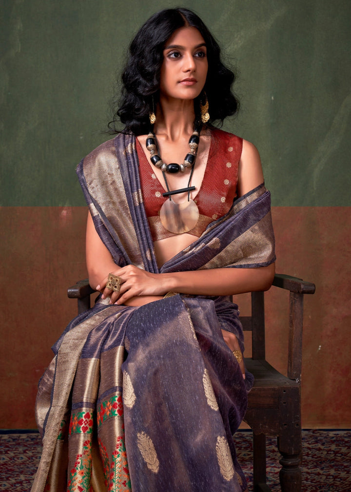 Ocean Blue Paithani Saree in Tissue Silk with Zari Work - House of Sarvati LLC