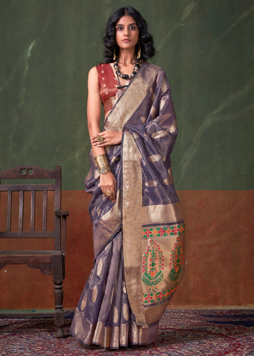 Ocean Blue Paithani Saree in Tissue Silk with Zari Work - House of Sarvati LLC