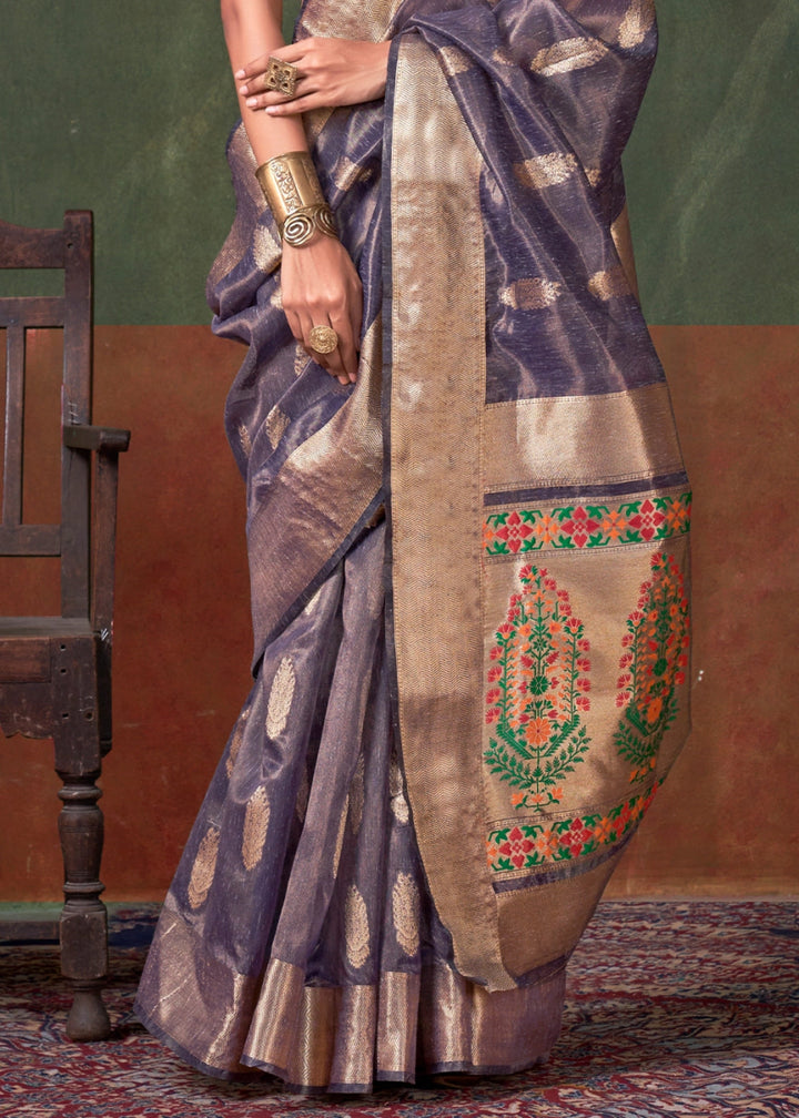 Ocean Blue Paithani Saree in Tissue Silk with Zari Work - House of Sarvati LLC