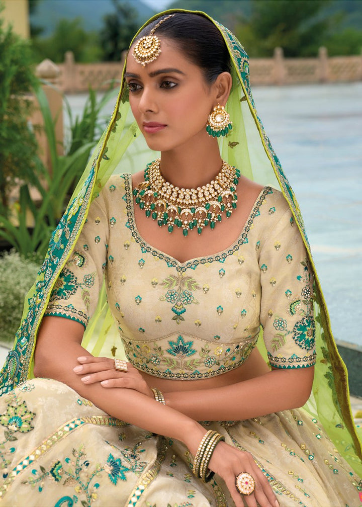 Off White Banarasi Silk Lehenga with Heavy Khatli & Embroidery Work - House of Sarvati LLC