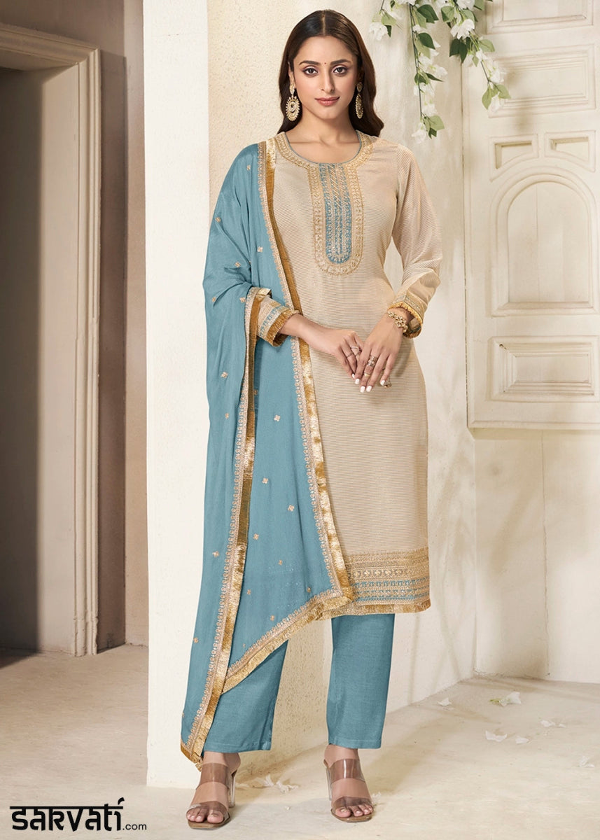 Off White & Blue Tissue Suit Adorned with Sequins Embroidery - House of Sarvati LLC