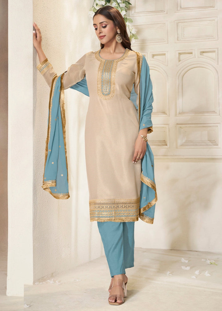 Off White & Blue Tissue Suit Adorned with Sequins Embroidery - House of Sarvati LLC