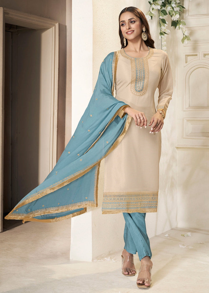 Off White & Blue Tissue Suit Adorned with Sequins Embroidery - House of Sarvati LLC