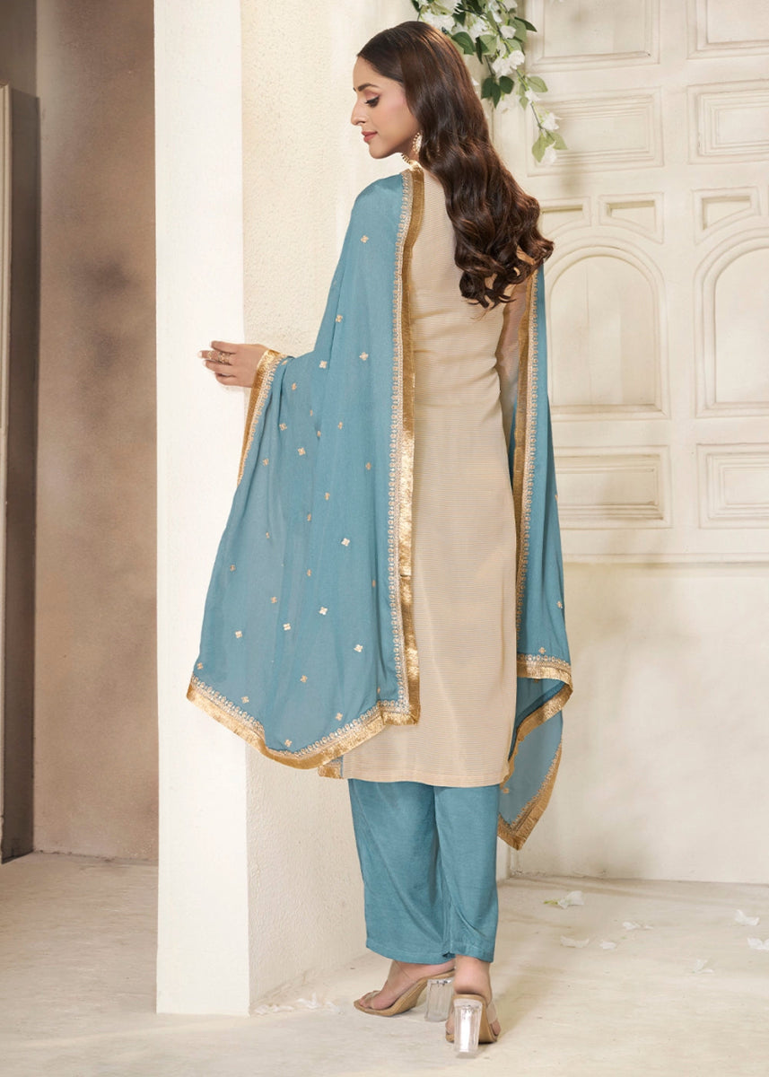 Off White & Blue Tissue Suit Adorned with Sequins Embroidery - House of Sarvati LLC