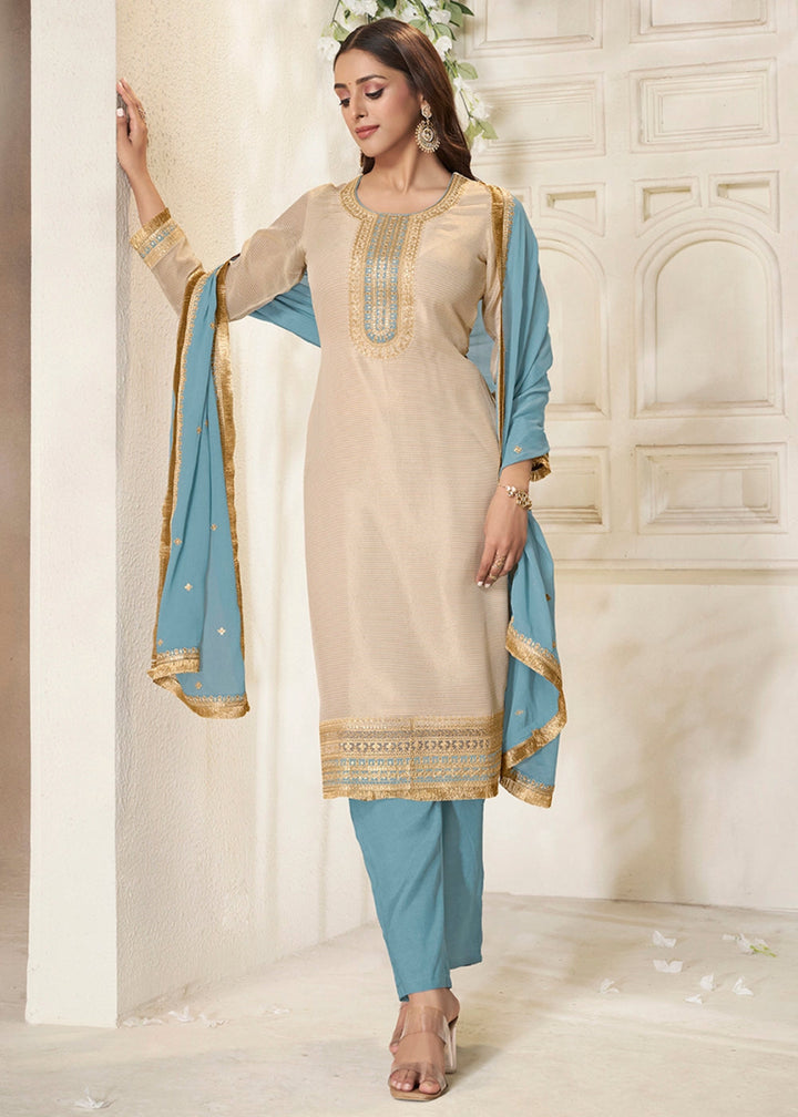 Off White & Blue Tissue Suit Adorned with Sequins Embroidery - House of Sarvati LLC