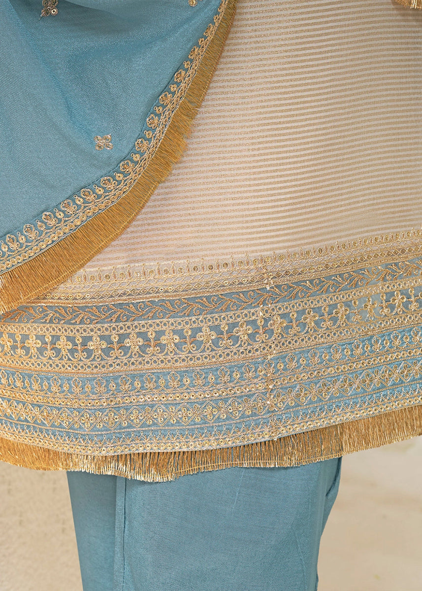 Off White & Blue Tissue Suit Adorned with Sequins Embroidery - House of Sarvati LLC