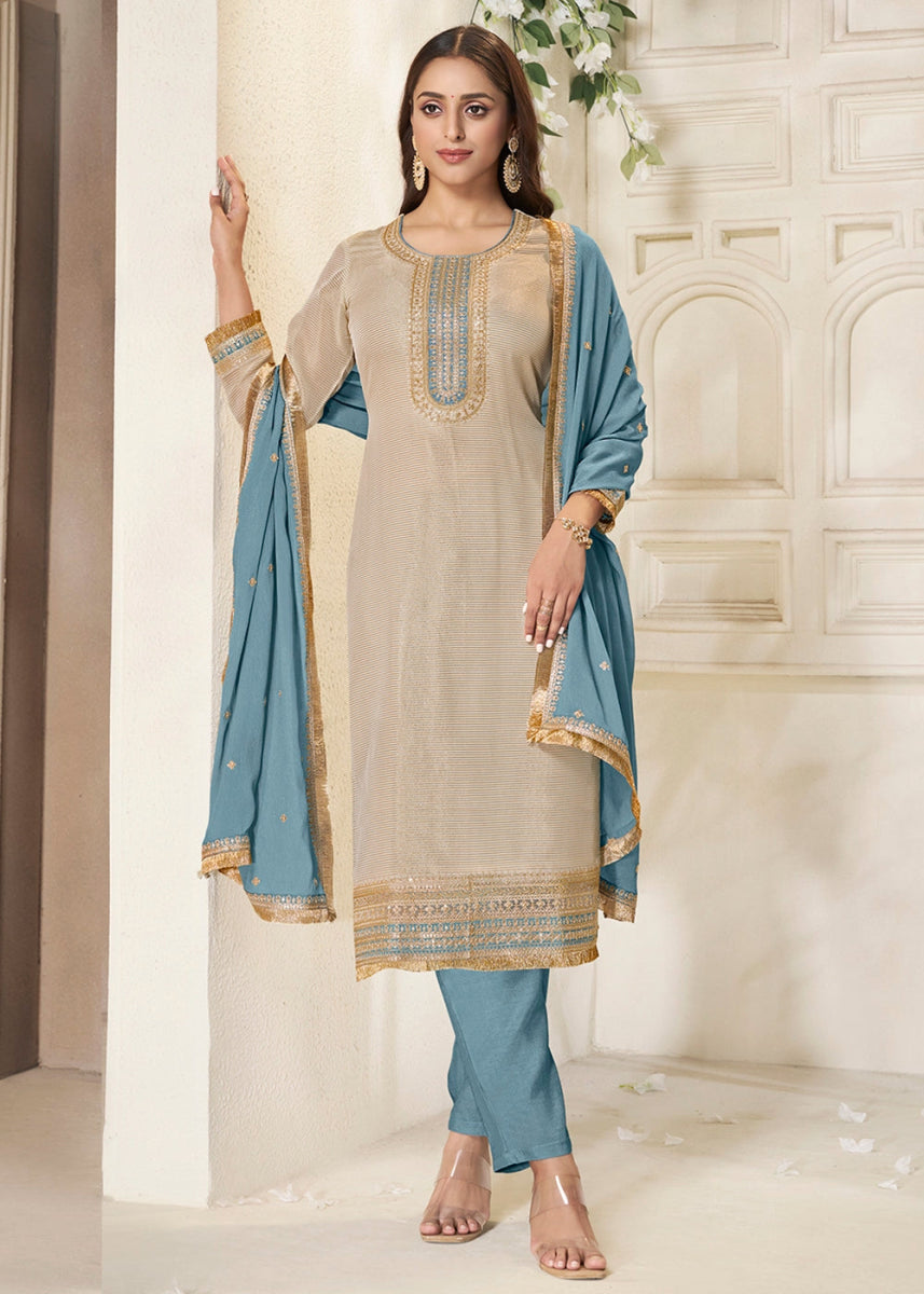 Off White & Blue Tissue Suit Adorned with Sequins Embroidery - House of Sarvati LLC