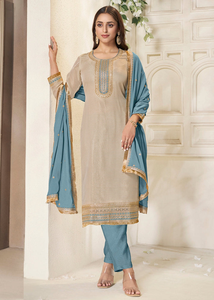 Off White & Blue Tissue Suit Adorned with Sequins Embroidery - House of Sarvati LLC